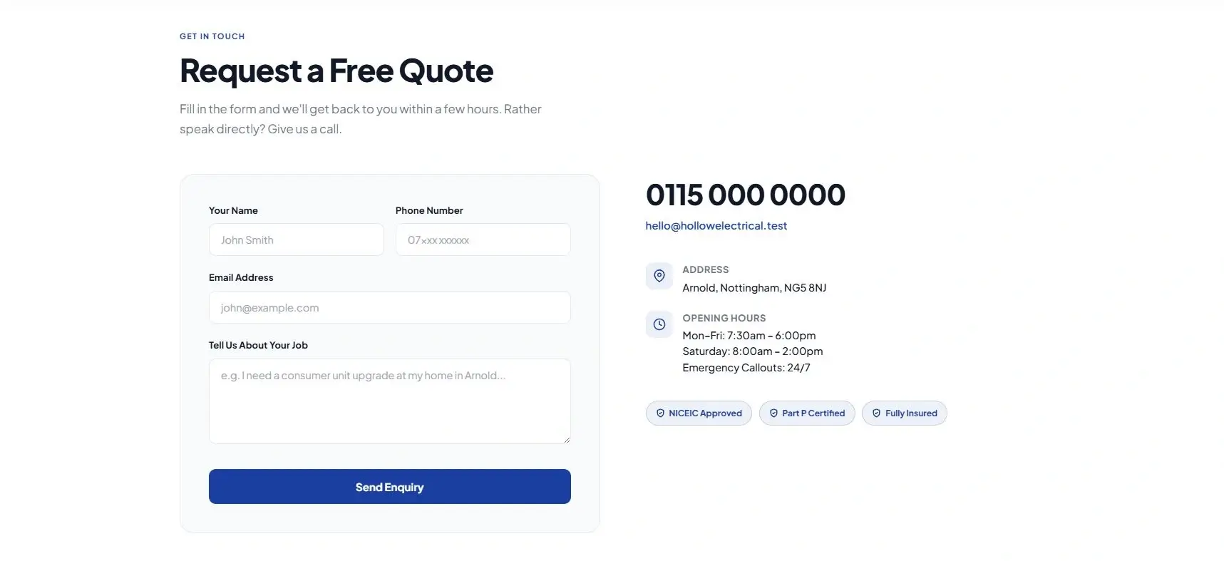 Hollow Electrical desktop quote page